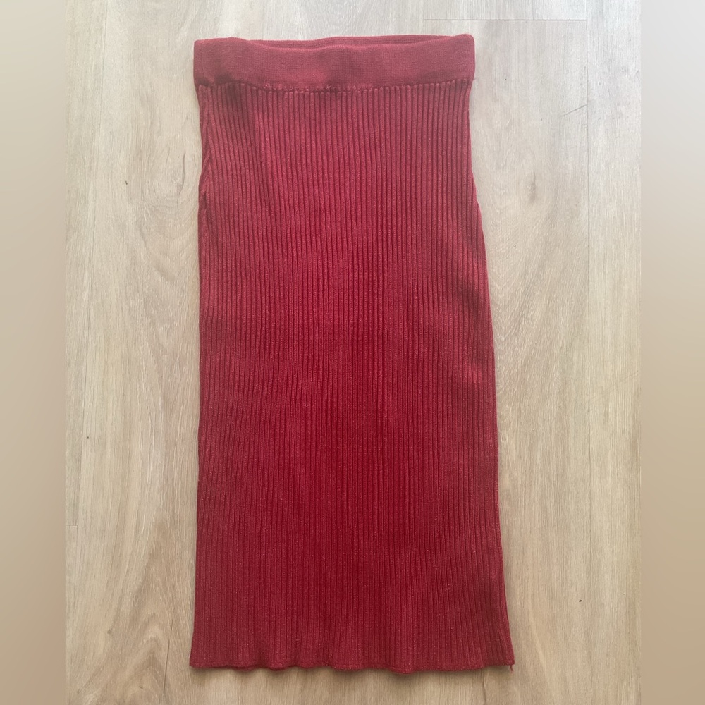 SHEIN S Burgundy Ribbed Midi Bodycon Skirt With Shimmer